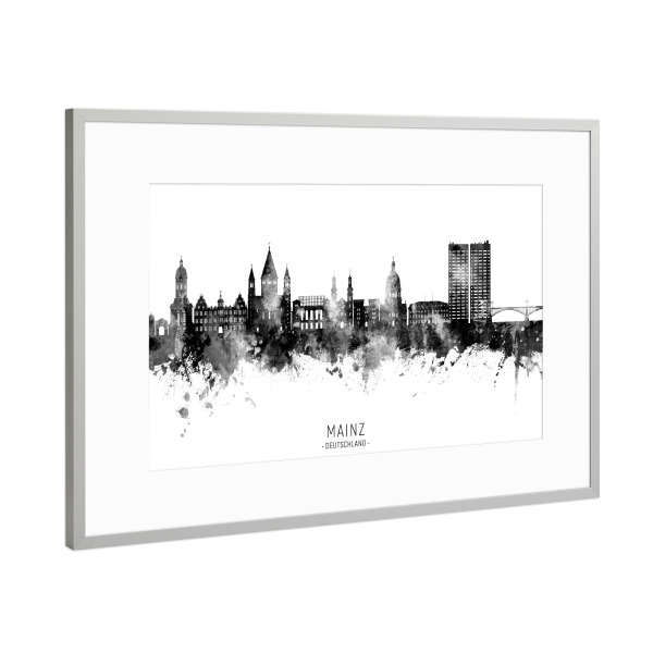 Poster mit Rahmen Silber "Mainz Germany Skyline BW Text" artboxONE - Städte,Schwarzweiß
