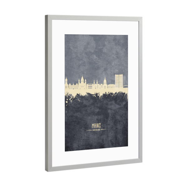Poster mit Rahmen Silber "Mainz Germany Skyline Grey" artboxONE - Städte