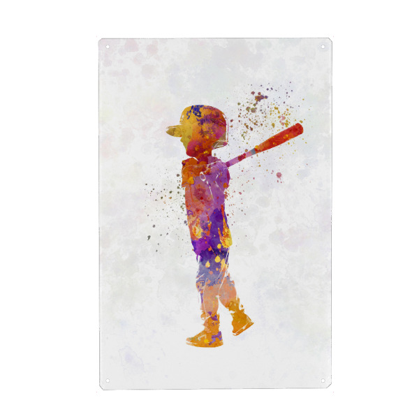 Metall Poster "Watercolor kids baseball-b" artboxONE - Sport - Sport,Sports,Watercolor,Athlete,Baseball,Child,Bat,Ball,America - Blechschild
