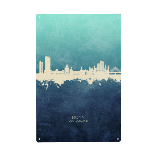 Metall Poster "Bonn Germany Skyline NavyCyan" artboxONE - Städte - Bonn,Deutschland,Skyline,Cityscape,Stadtbild,Watercolor,Painting,City,Stadt,Germany