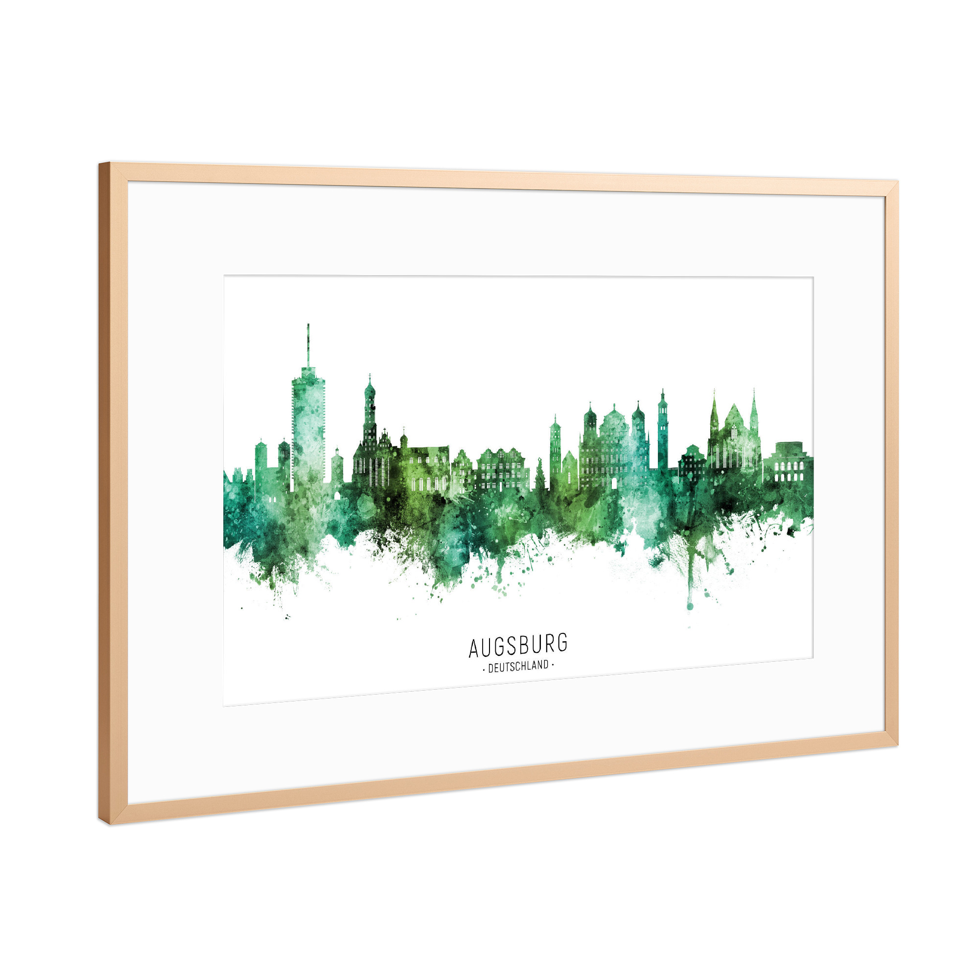 Poster mit Rahmen Kupfer "Augsburg Skyline Green Name" artboxONE - Städte