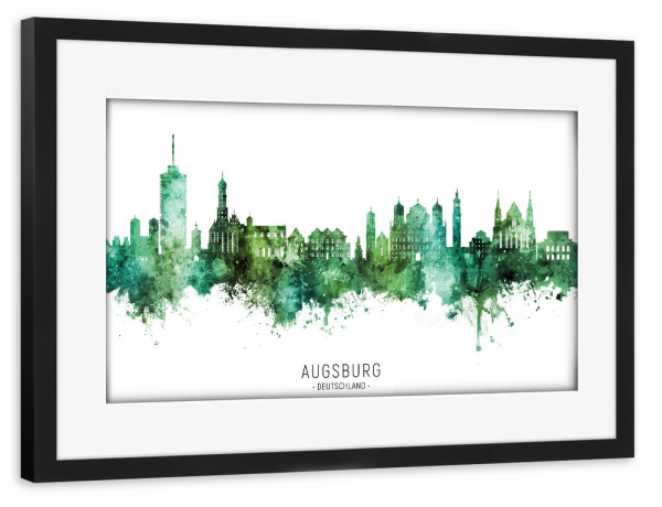 Poster mit Rahmen schwarz "Augsburg Skyline Green Name" artboxONE - Städte