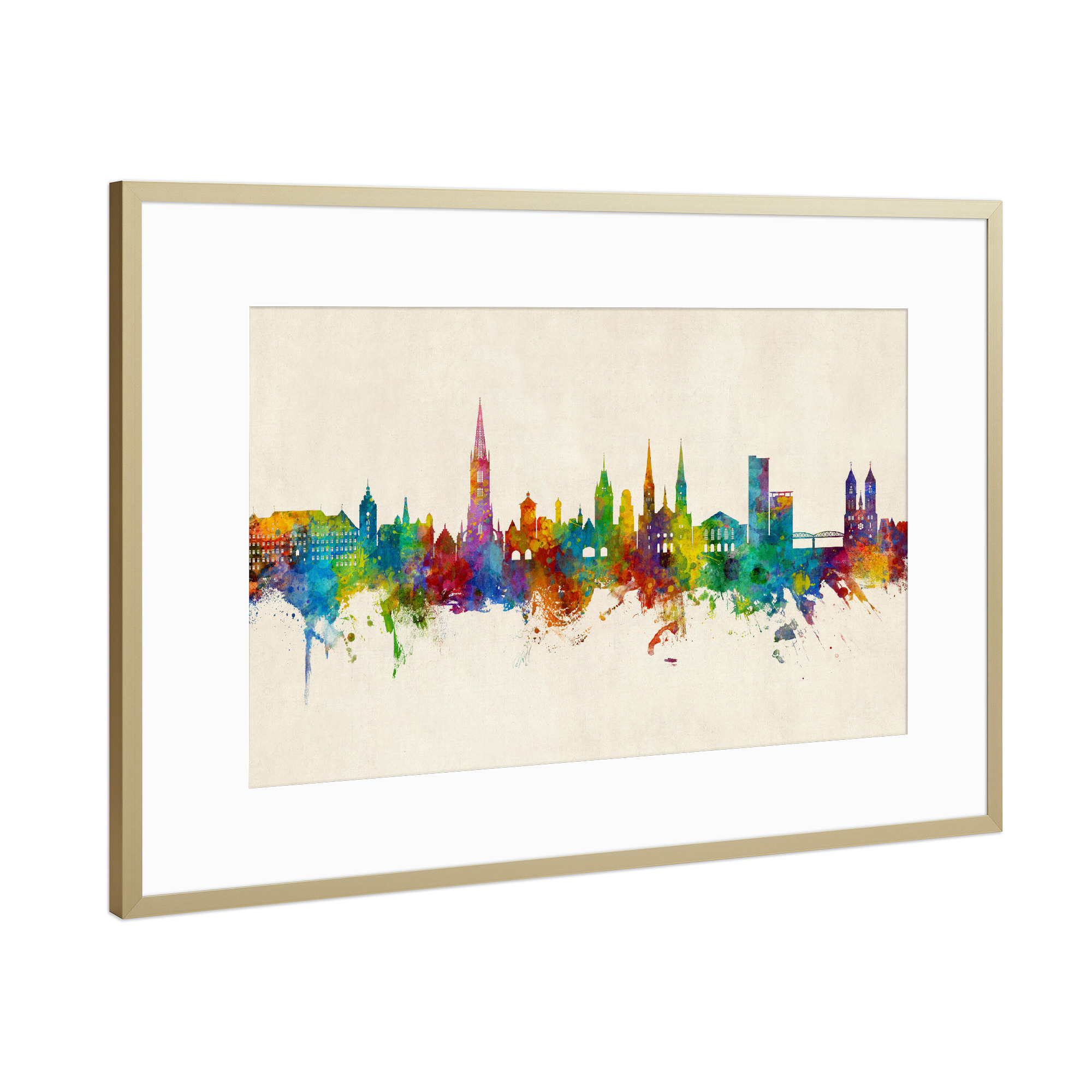 Poster mit Rahmen Gold "Freiburg Germany Skyline Urban" artboxONE - Städte