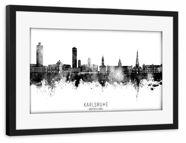 Poster mit Rahmen schwarz "Karlsruhe Germany Skyline BW Text" artboxONE - Städte,Schwarzweiß