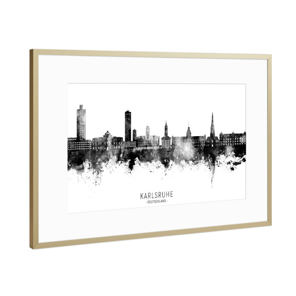 Poster mit Rahmen Gold "Karlsruhe Germany Skyline BW Text" artboxONE - Städte,Schwarzweiß