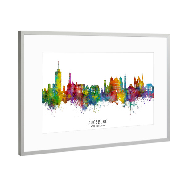 Poster mit Rahmen Silber "Augsburg Germany Skyline txt" artboxONE - Städte