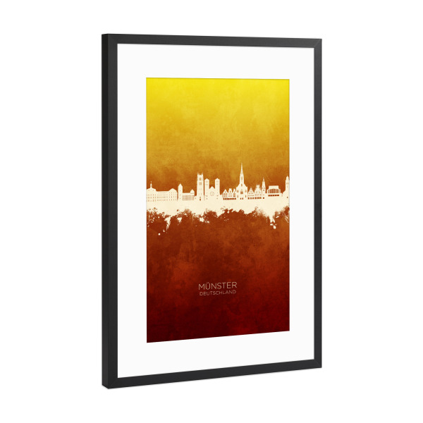 Poster mit Rahmen Schwarz (Metallic) "Münster Germany Skyline RedYellow" artboxONE - Städte