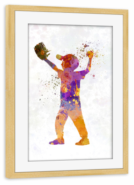 Poster mit Rahmen kiefer "Watercolor kids baseball-d" artboxONE - Sport - Sport,Sports,Watercolor,Athlete,Baseball,Child,Bat,Ball,America