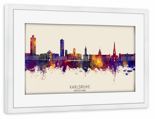 Poster mit Rahmen weiß "Karlsruhe Skyline Autumn Name" artboxONE - Städte