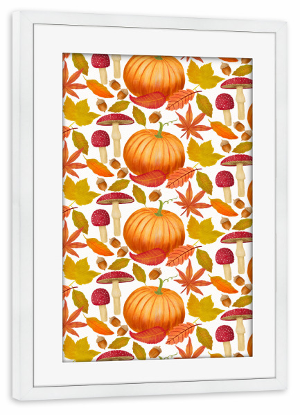 Poster mit Rahmen weiß "Kürbis-Herbstblätter-Muster" artboxONE - Natur,Floral