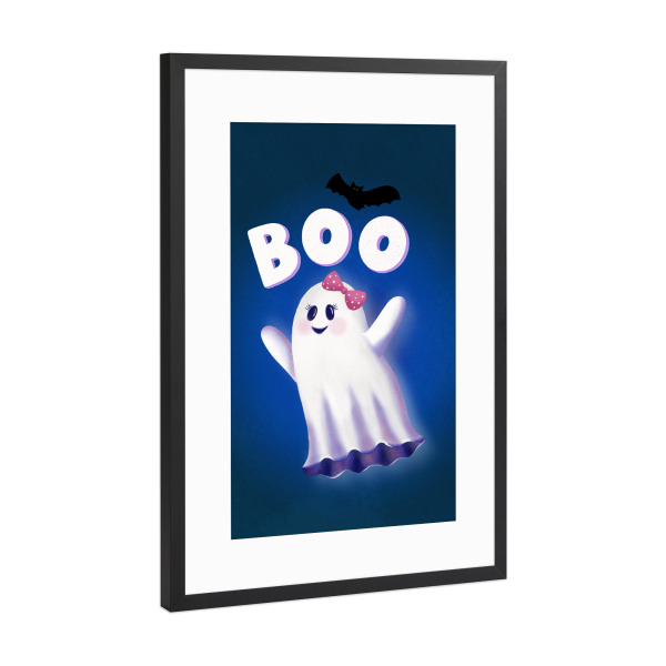 Poster mit Rahmen Schwarz (Metallic) "Boo. Süßer Halloween-Geist" artboxONE - Für Kinder,Halloween,Lustig