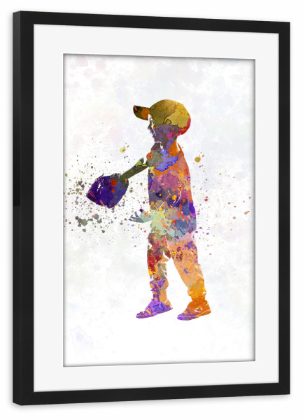 Poster mit Rahmen schwarz "Watercolor kids baseball" artboxONE - Sport - Sport,Sports,Watercolor,Athlete,Baseball,Child,Bat,Ball,America