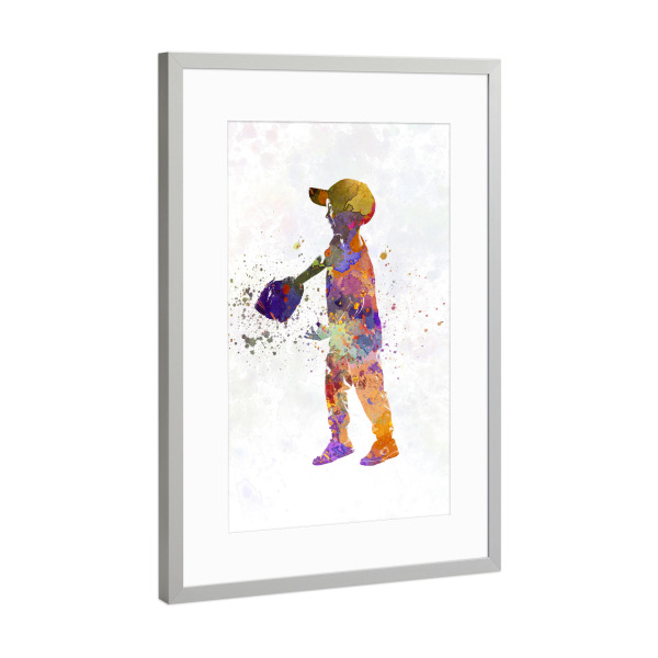 Poster mit Rahmen Silber "Watercolor kids baseball" artboxONE - Sport - Sport,Sports,Watercolor,Athlete,Baseball,Child,Bat,Ball,America