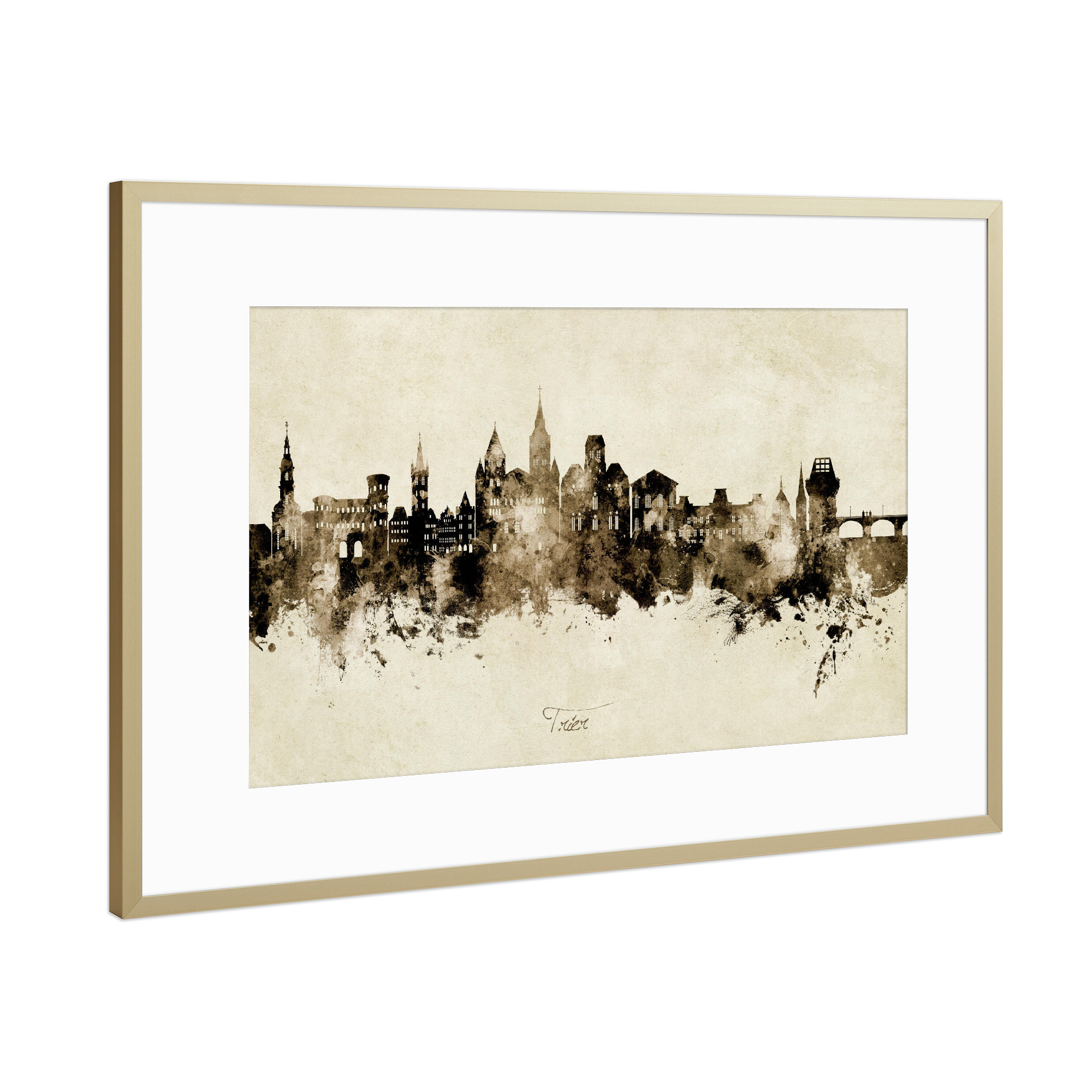 Poster mit Rahmen Gold "Trier Germany Skyline Sepia" artboxONE - Städte