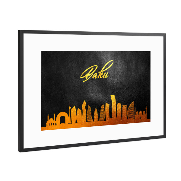 Poster mit Rahmen Schwarz (Metallic) "Baku Azerbaijan Gold Skyline" artboxONE - Städte - Gold,Skyline