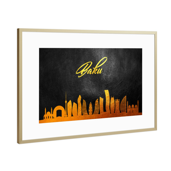 Poster mit Rahmen Gold "Baku Azerbaijan Gold Skyline" artboxONE - Städte - Gold,Skyline