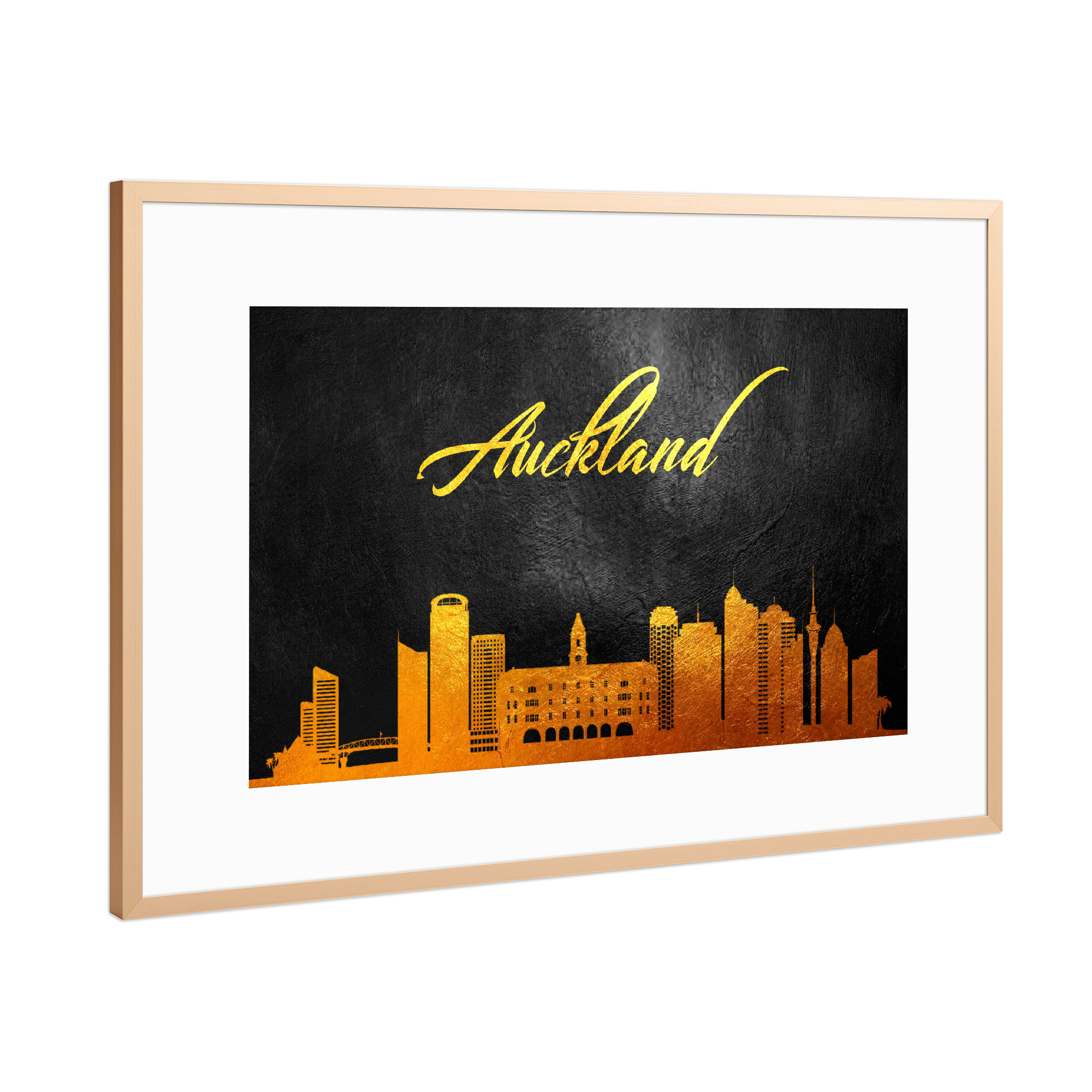 Poster mit Rahmen Kupfer "Auckland New Zealand Gold Skyline" artboxONE - Städte - Gold,Skyline,City,Stadt
