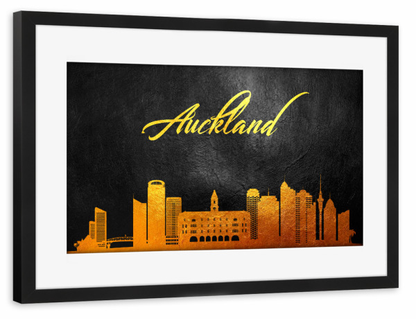 Poster mit Rahmen schwarz "Auckland New Zealand Gold Skyline" artboxONE - Städte - Gold,Skyline,City,Stadt