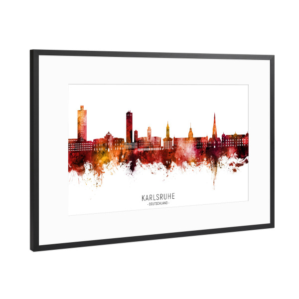 Poster mit Rahmen Schwarz (Metallic) "Karlsruhe Skyline Red Name" artboxONE - Städte