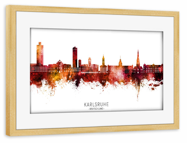 Poster mit Rahmen kiefer "Karlsruhe Skyline Red Name" artboxONE - Städte