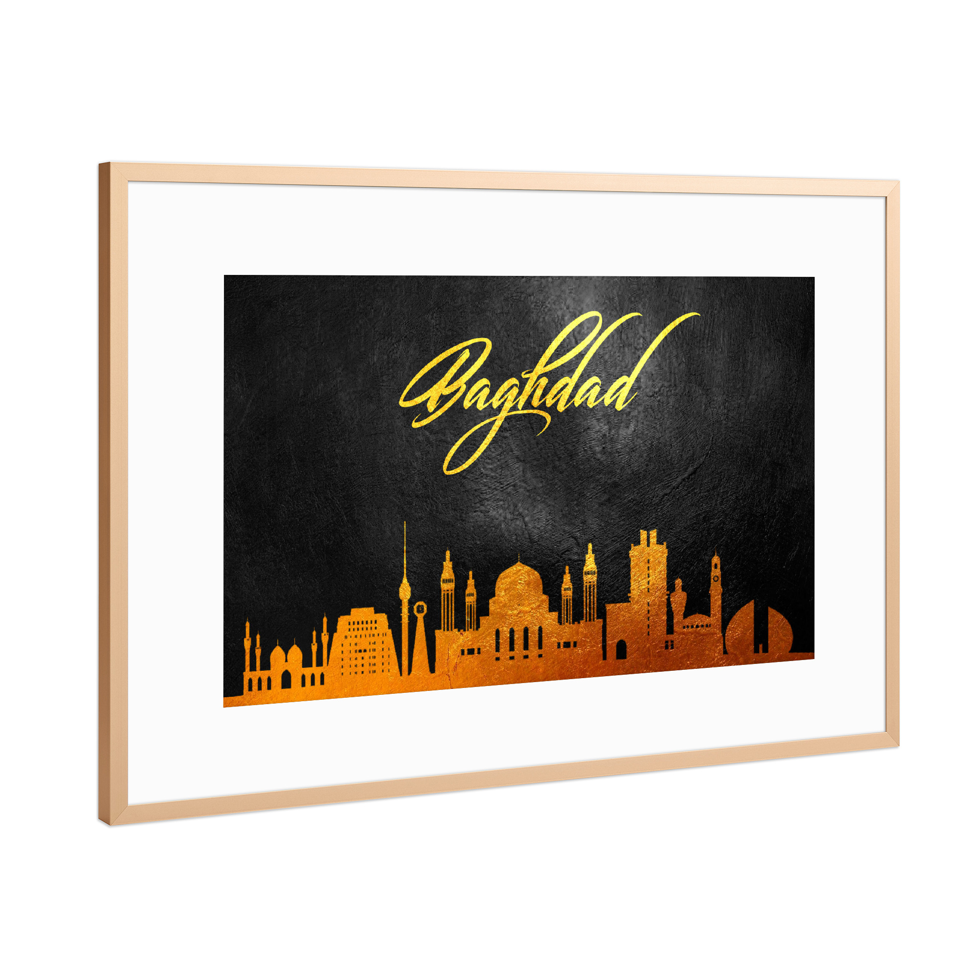Poster mit Rahmen Kupfer "Baghdad Iraq Gold Skyline" artboxONE - Städte - Gold,Skyline,City,Stadt