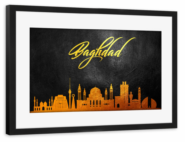 Poster mit Rahmen schwarz "Baghdad Iraq Gold Skyline" artboxONE - Städte - Gold,Skyline,City,Stadt