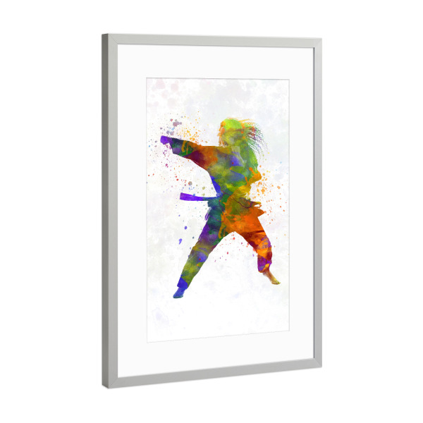Poster mit Rahmen Silber "Karate judo in watercolor" artboxONE - Sport - Sport,Sports,Watercolor,Karate,Judo,Martial art,Combat,Woman