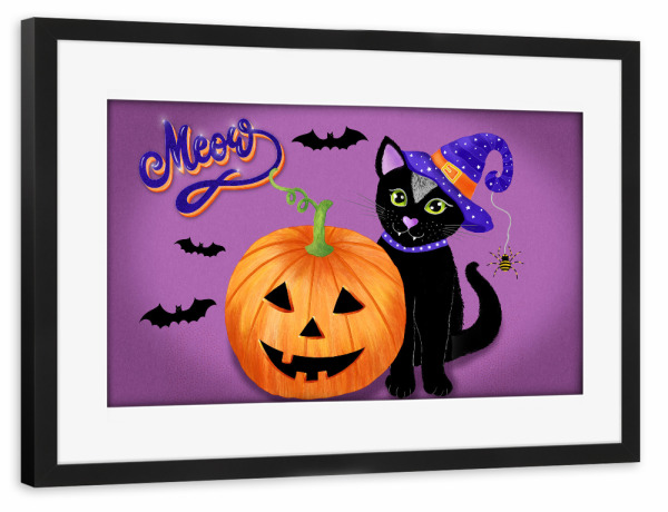 Poster mit Rahmen schwarz "Halloween Katze: Meow!!!" artboxONE - Typografie,Für Kinder,Halloween