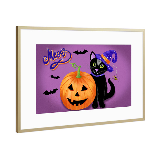 Poster mit Rahmen Gold "Halloween Katze: Meow!!!" artboxONE - Typografie,Für Kinder,Halloween