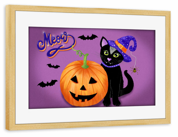 Poster mit Rahmen kiefer "Halloween Katze: Meow!!!" artboxONE - Typografie,Für Kinder,Halloween