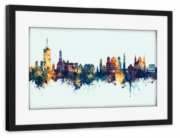 Poster mit Rahmen schwarz "Augsburg Germany Skyline Winter" artboxONE - Städte