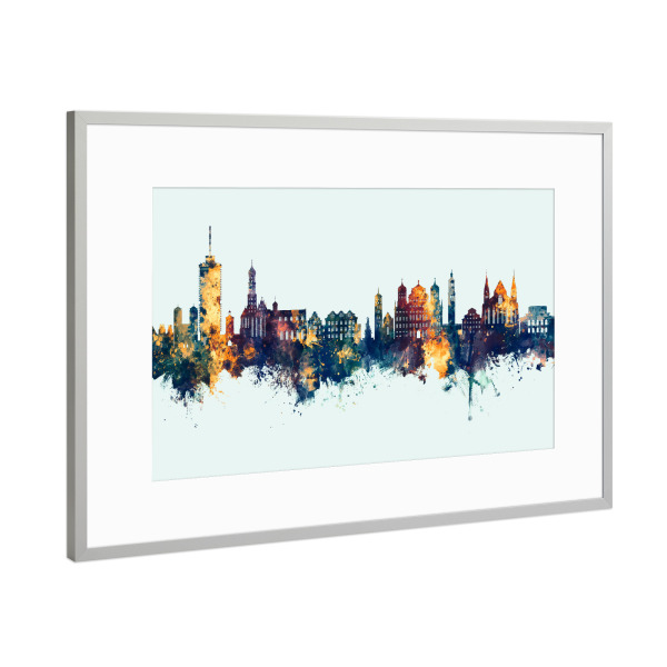 Poster mit Rahmen Silber "Augsburg Germany Skyline Winter" artboxONE - Städte