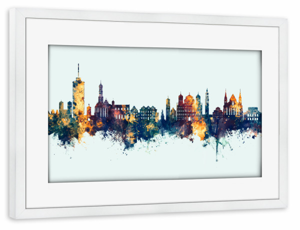 Poster mit Rahmen weiß "Augsburg Germany Skyline Winter" artboxONE - Städte