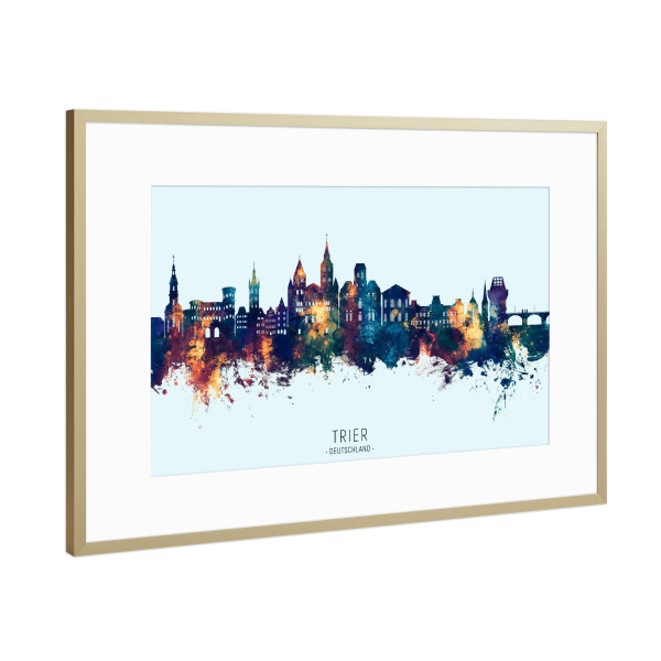Poster mit Rahmen Gold "Trier Germany Skyline BlueOrange" artboxONE - Städte