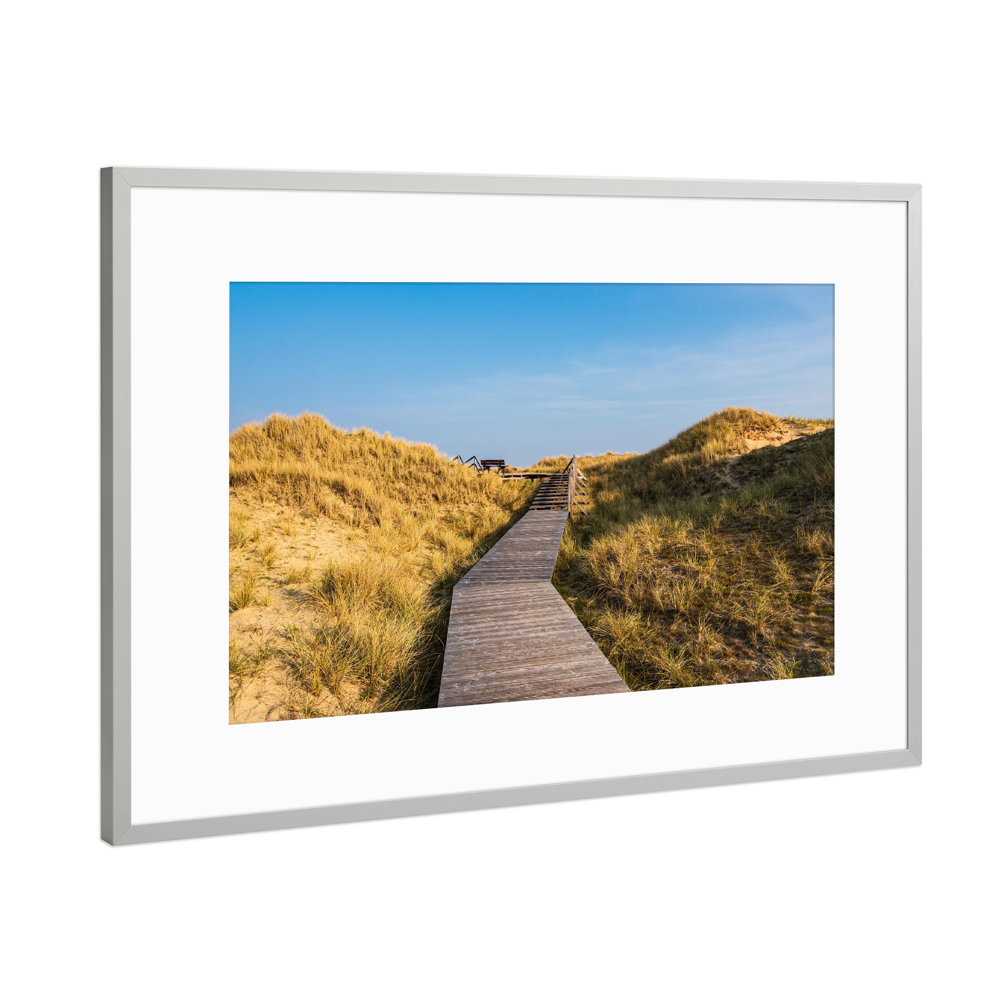 Poster mit Rahmen Silber "Bohlenweg, Düne und Dünengras" artboxONE - Natur,Reise,Architektur