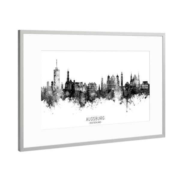 Poster mit Rahmen Silber "Augsburg Germany Skyline BW Text" artboxONE - Städte