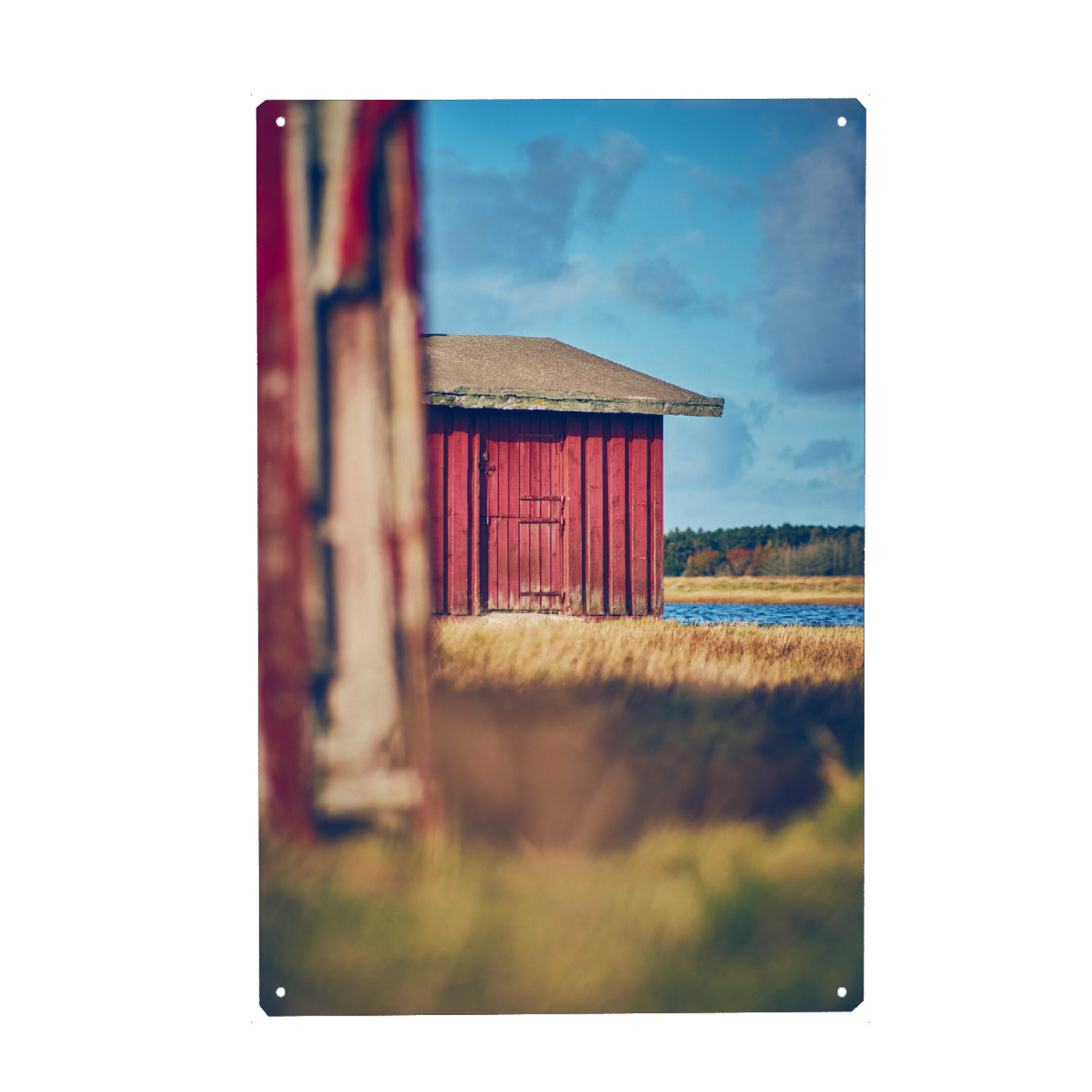 Metall Poster "Ein bisschen Schweden" artboxONE - Natur,Reise - Schweden,Hygge,Haus,Natur,Scheune,Holz,Alt,Vintage,Reisen,Dänemark - Blechschild