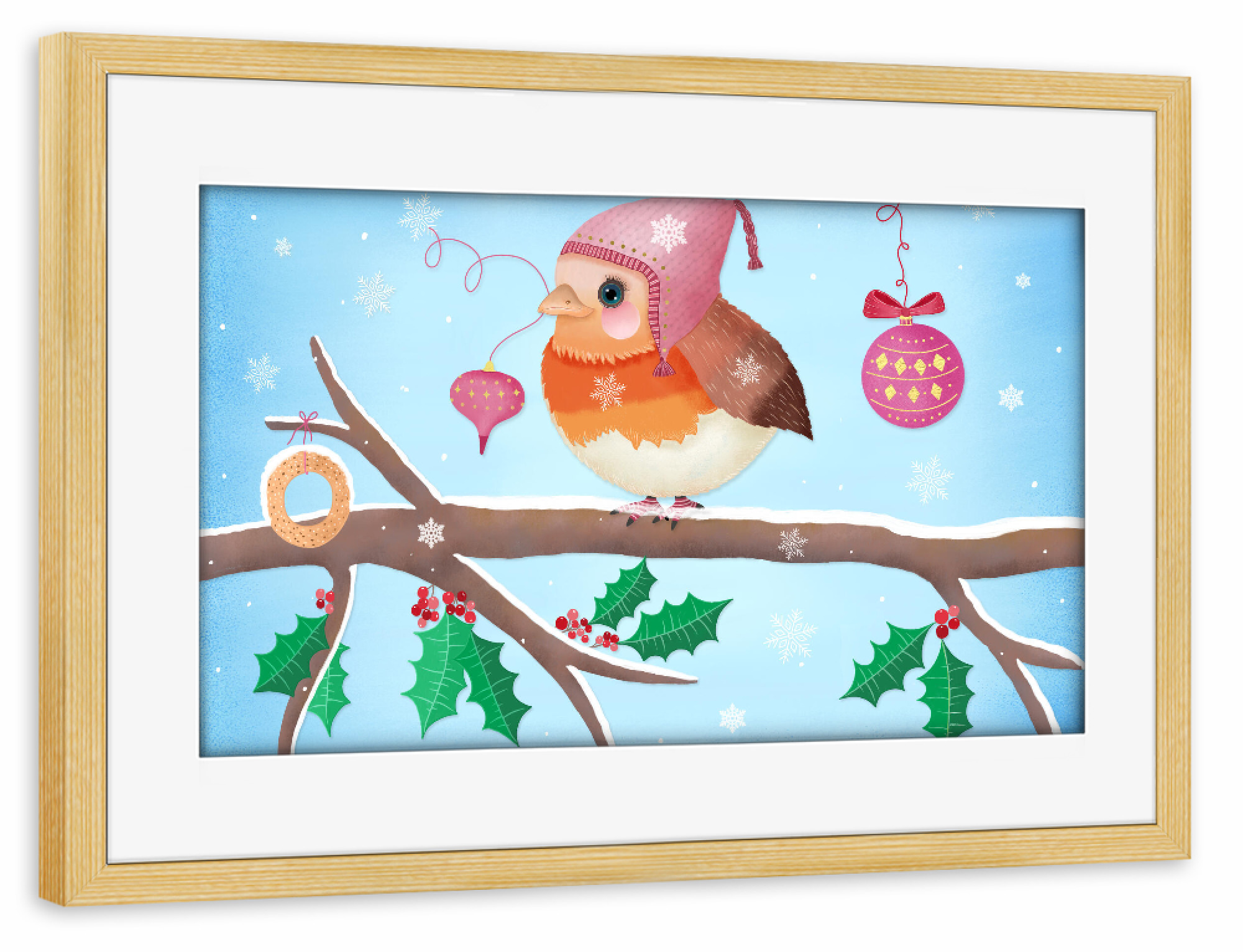Poster mit Rahmen kiefer "Rotkehlchen in der Weihnachtszeit" artboxONE - Für Kinder,Tiere,Weihnachten