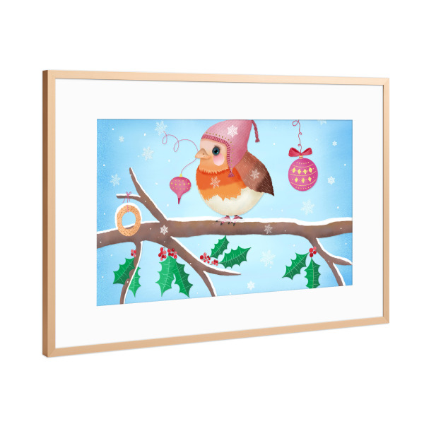 Poster mit Rahmen Kupfer "Rotkehlchen in der Weihnachtszeit" artboxONE - Für Kinder,Tiere,Weihnachten