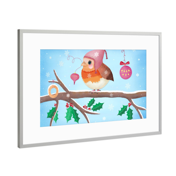 Poster mit Rahmen Silber "Rotkehlchen in der Weihnachtszeit" artboxONE - Für Kinder,Tiere,Weihnachten