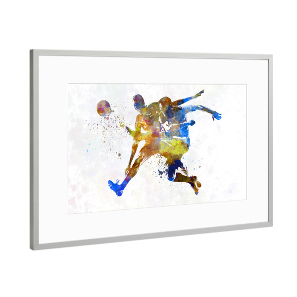 Poster mit Rahmen Silber "Playing soccer in watercolor-b" artboxONE - Sport / Fußball