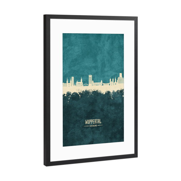 Poster mit Rahmen Schwarz (Metallic) "Wuppertal Skyline Turquoise" artboxONE - Städte