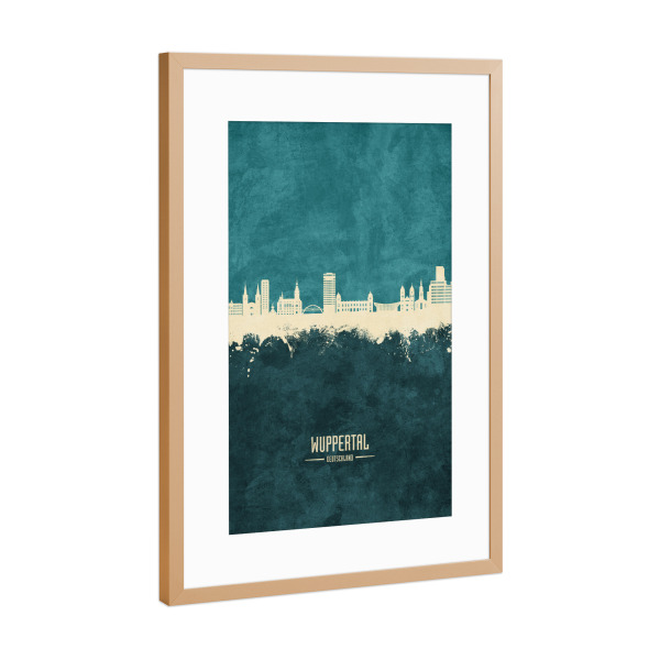 Poster mit Rahmen Kupfer "Wuppertal Skyline Turquoise" artboxONE - Städte