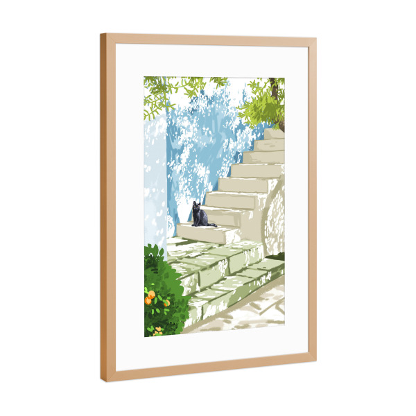 Poster mit Rahmen Kupfer "Black cat on the steps" artboxONE - Tiere