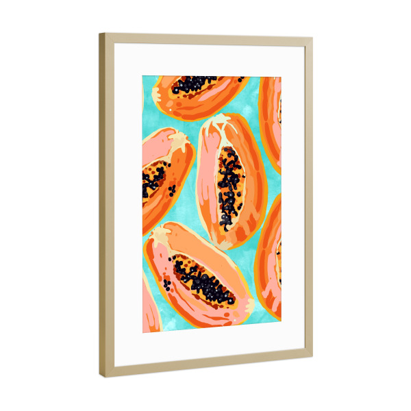Poster mit Rahmen Gold "Big Papaya Watercolor Painting" artboxONE - Essen & Trinken