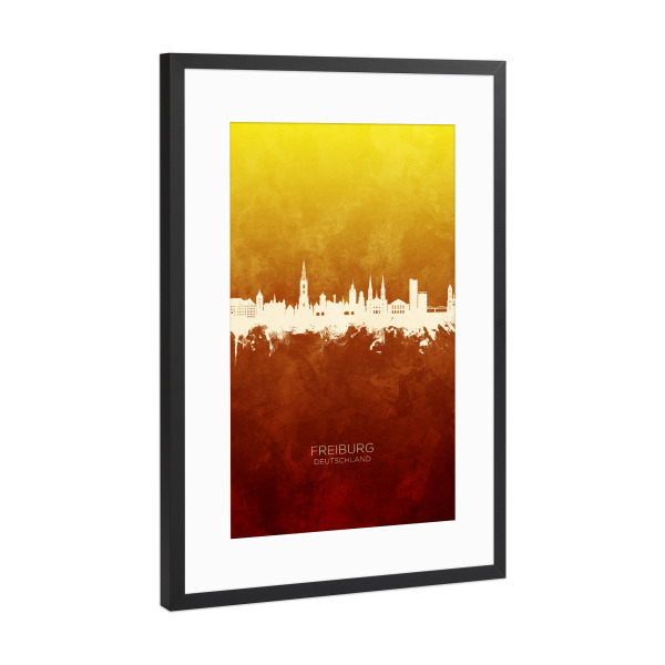 Poster mit Rahmen Schwarz (Metallic) "Freiburg Skyline RedYellow" artboxONE - Städte