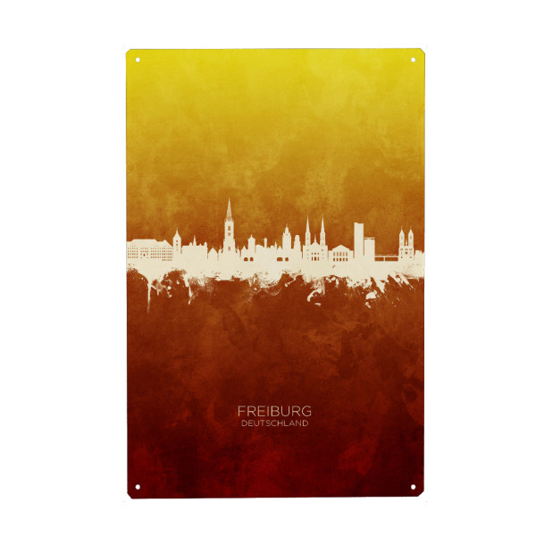 Holzbild "Freiburg Skyline RedYellow" artboxONE - Städte - Freiburg,Deutschland,Skyline,Cityscape,Stadtbild,Watercolor,Painting,City,Stadt,Germany