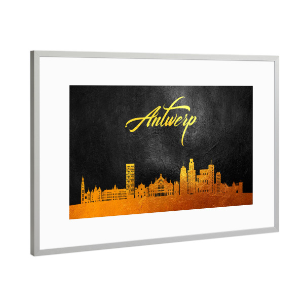 Poster mit Rahmen Silber "Antwerp Belgium Gold Skyline" artboxONE - Städte - Skyline,Gold