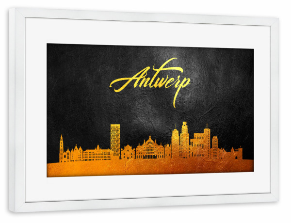 Poster mit Rahmen weiß "Antwerp Belgium Gold Skyline" artboxONE - Städte - Skyline,Gold