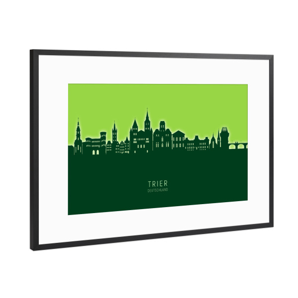 Poster mit Rahmen Schwarz (Metallic) "Trier Germany Skyline Glow Green" artboxONE - Städte